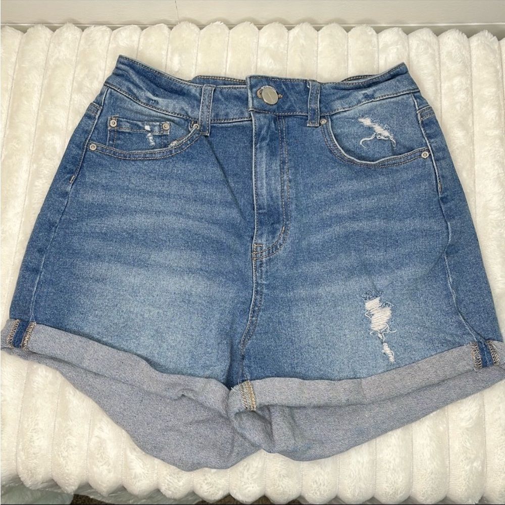 Banjara Blue High-Waisted Jean Shorts with Distressed Cuffs